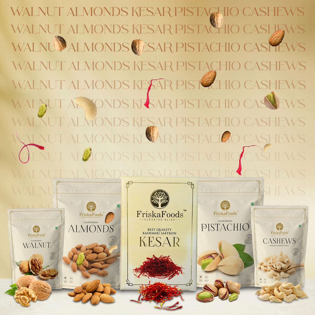 Premium California Almond | Whole Cashew Nuts | Chilean Walnut | California Roasted and Salted Pistachio (each 250g) | Kashmiri Saffron (1g)