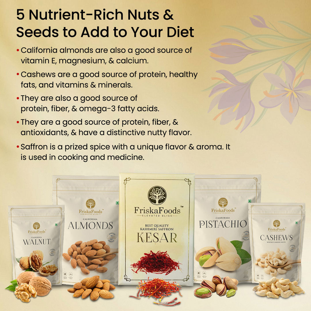 Premium California Almond | Whole Cashew Nuts | Chilean Walnut | California Roasted and Salted Pistachio (each 250g) | Kashmiri Saffron (1g)